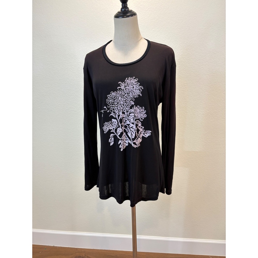 Vtg 90s Natanel Paris Top L‎ Black Velvet Floral Stretch Knit Goth whimsigoth